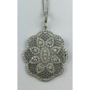 Pendentif Résille Or Blanc Diamants Sur Sa Chaîne En Or Blanc