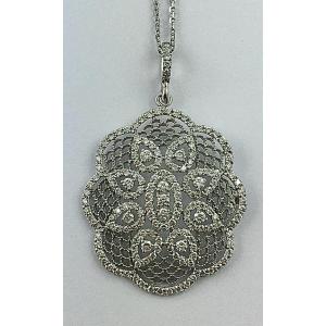 Pendentif Résille Or Blanc Diamants Sur Sa Chaîne En Or Blanc