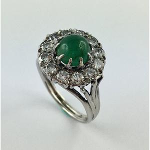 Emerald Cabochon Daisy Ring Surrounded By Brilliant Cut Diamonds On White Gold