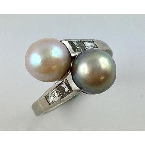 Ring Toi Et Moi Colored Beads Baguette Diamonds On White Gold