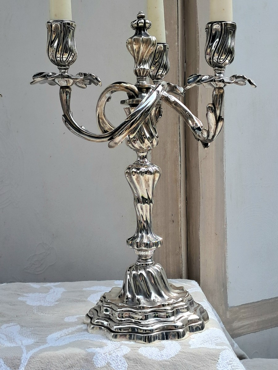 Candelabres de style Louis XV  3 lumieres bronze argenté-photo-2