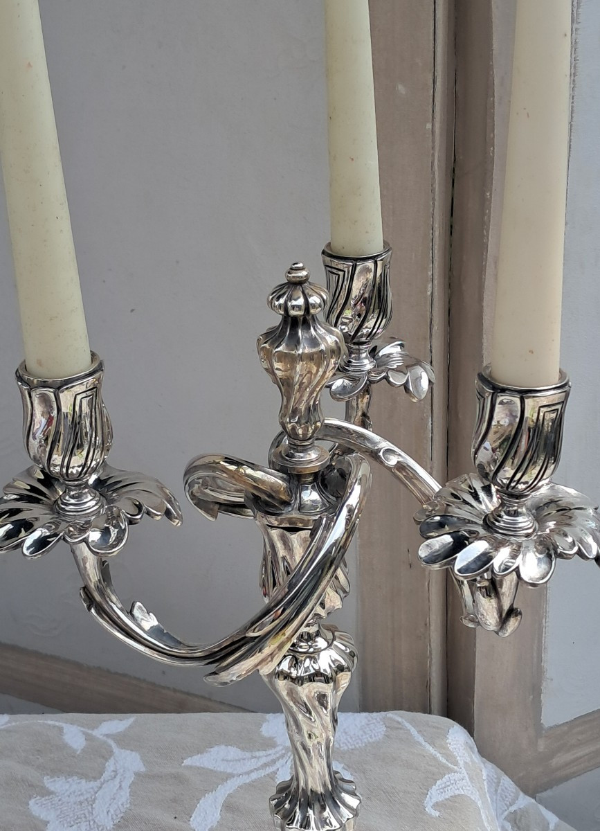Candelabres de style Louis XV  3 lumieres bronze argenté-photo-3