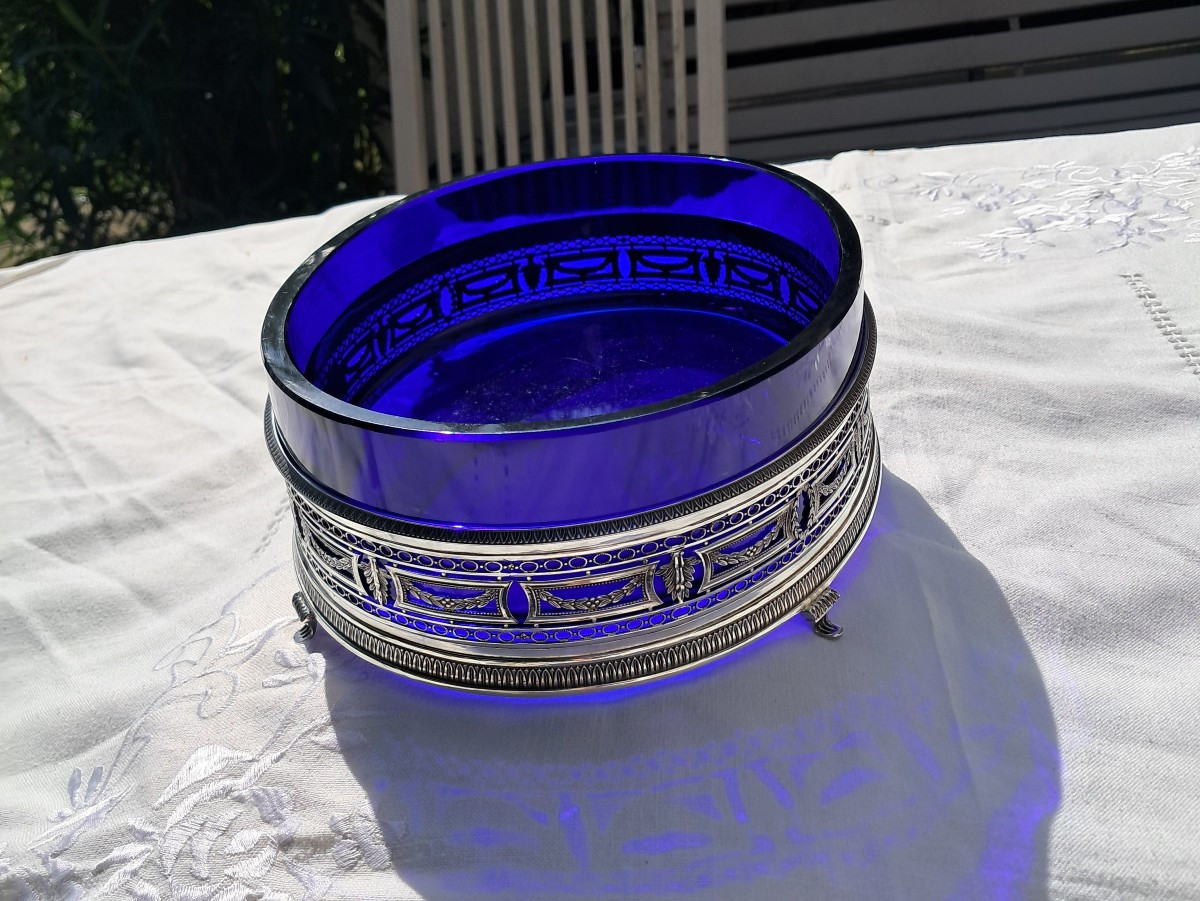 Solid Silver Planter With Blue Glassware-photo-2