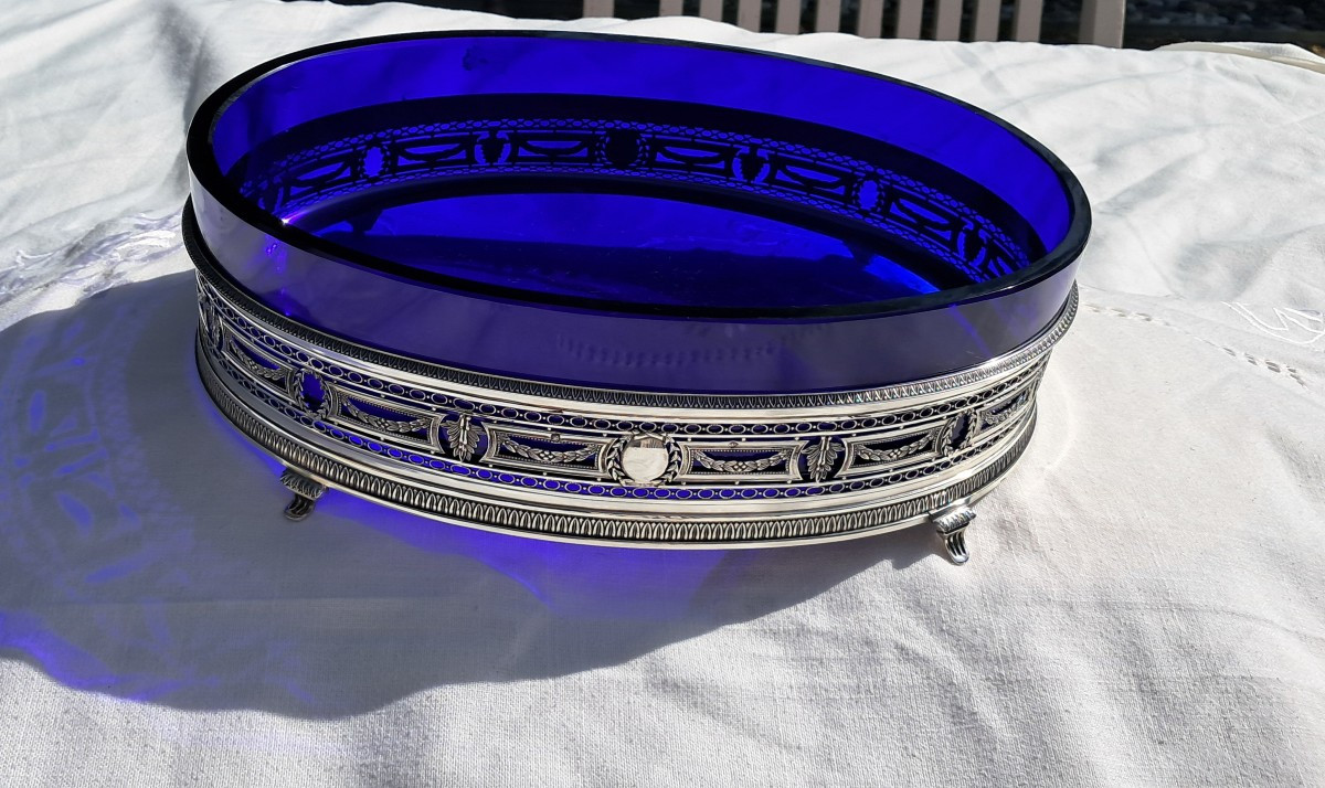 Solid Silver Planter With Blue Glassware-photo-3