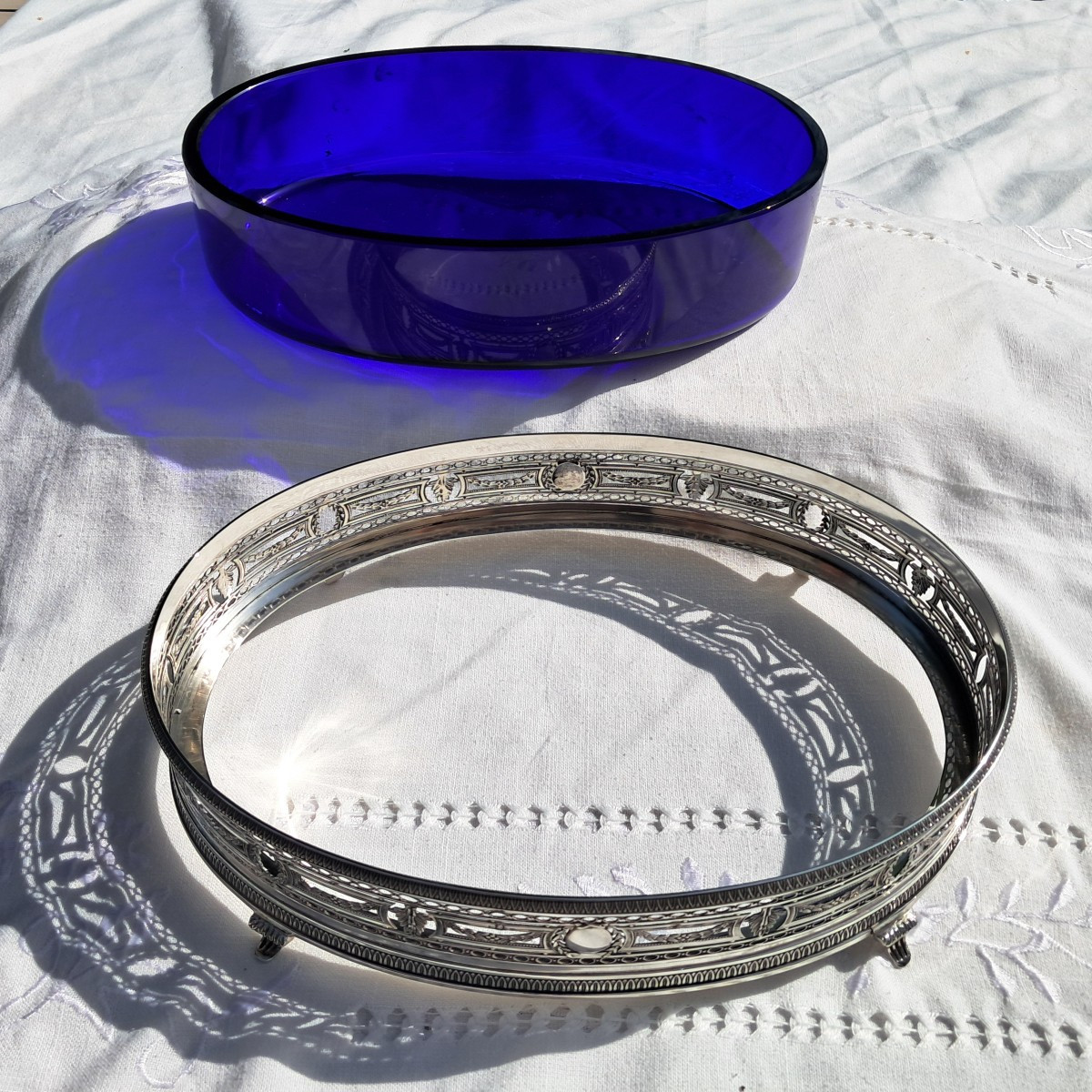 Solid Silver Planter With Blue Glassware-photo-4