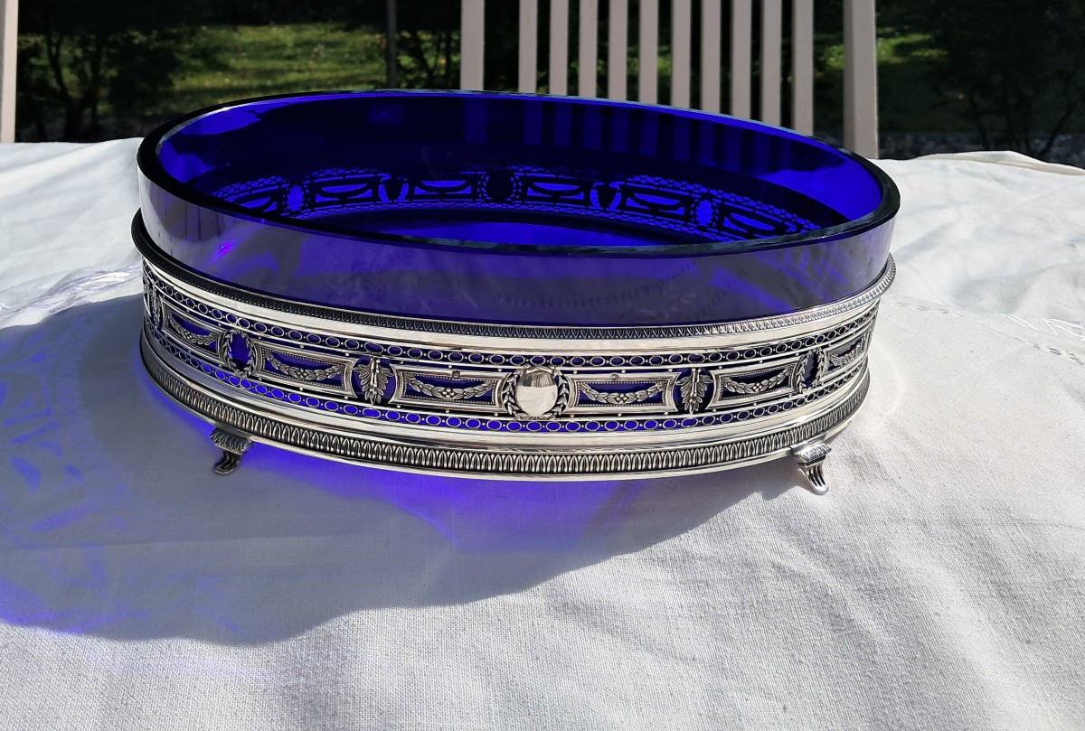 Solid Silver Planter With Blue Glassware