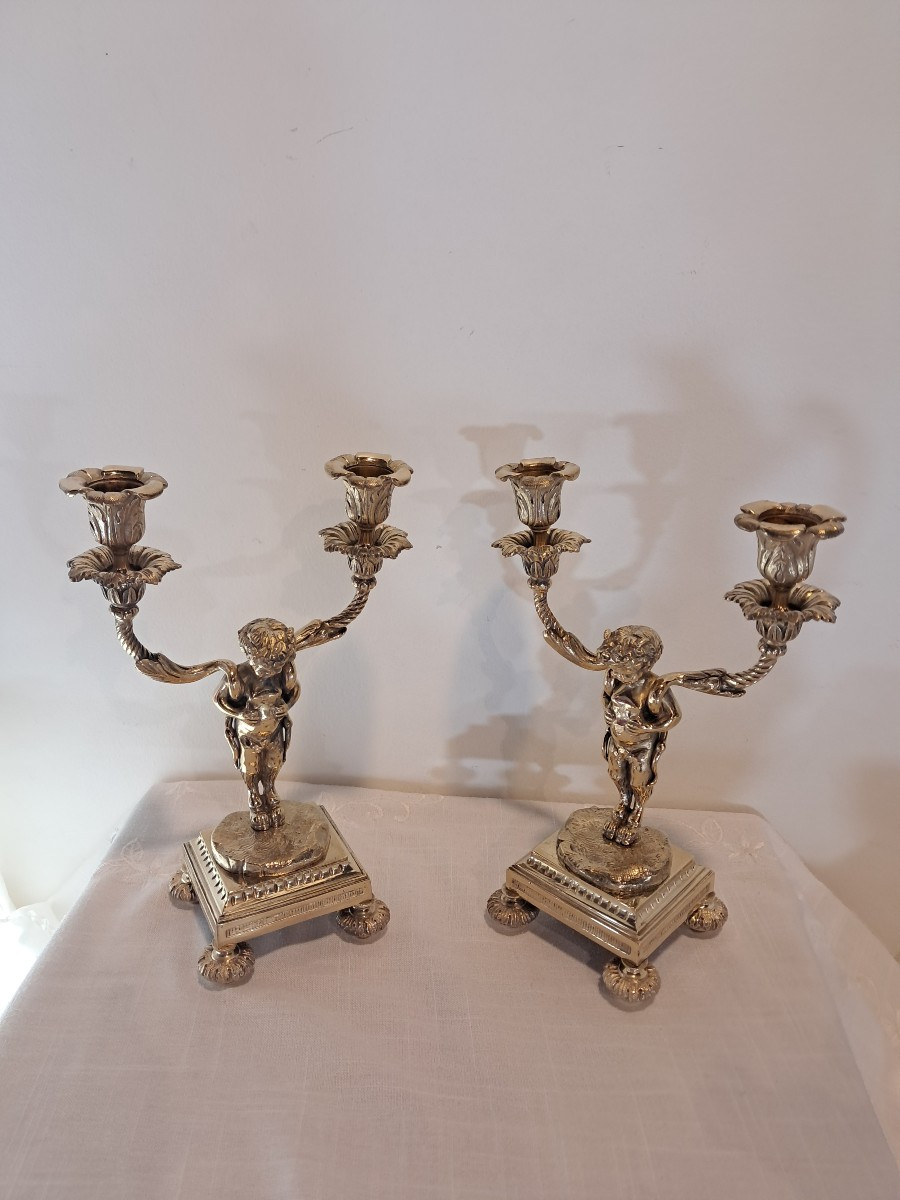 Paire de bougeoirs faunes bronze dore XIXEME -photo-4