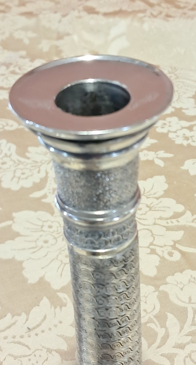 Paire bougeoirs époque Restauration, bronze argenté -photo-3