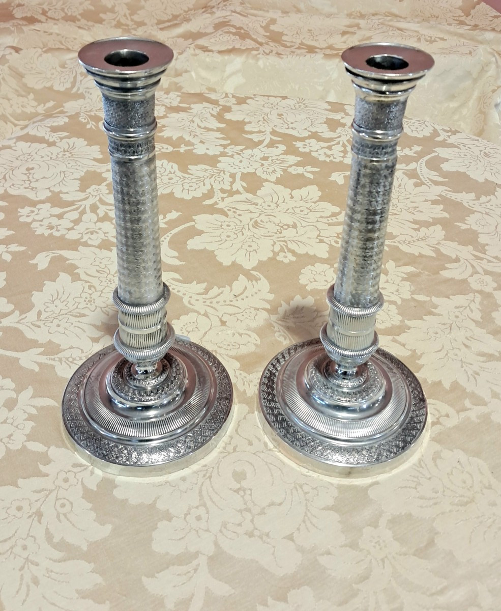 Paire bougeoirs époque Restauration, bronze argenté -photo-4