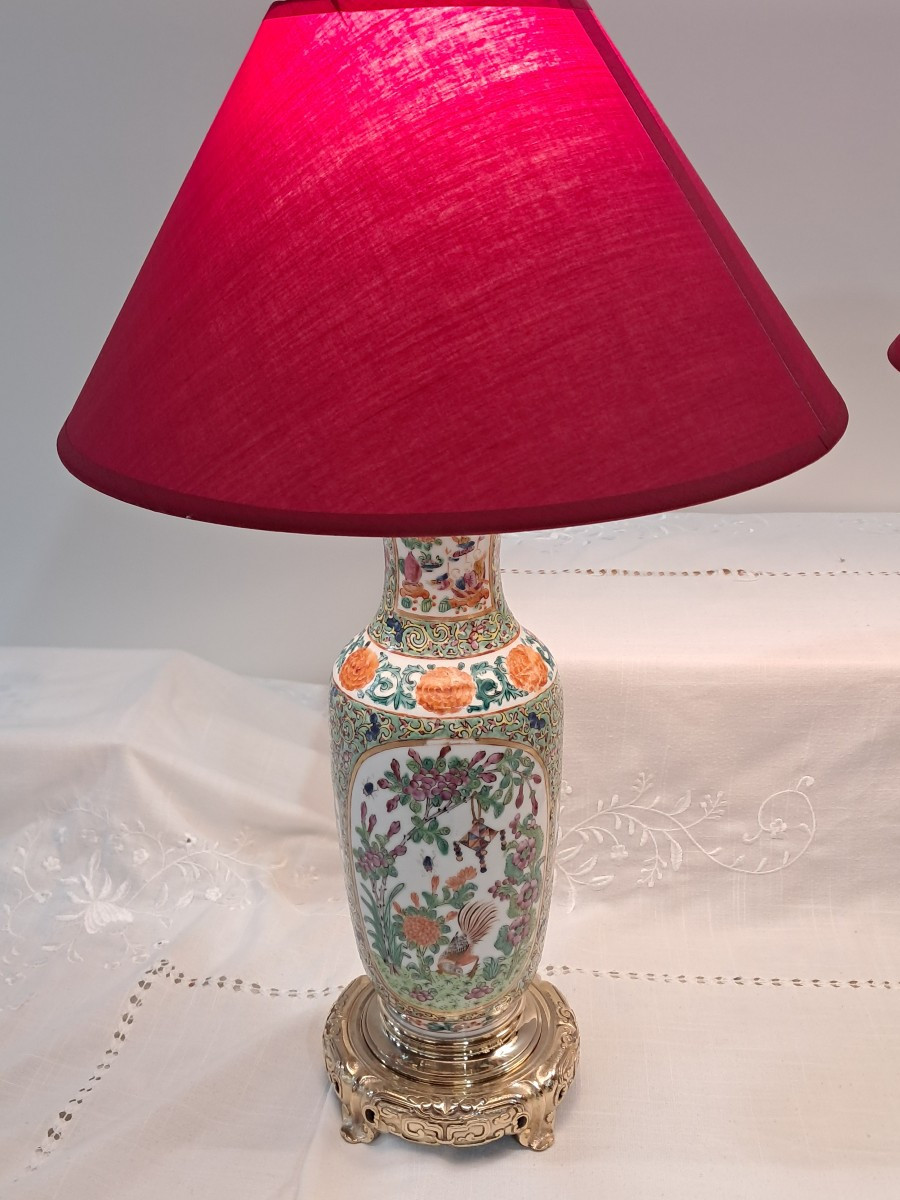 Pair Of Canton Lamps With Gilt Bronze Mounts And Fine Gold Finish-photo-4