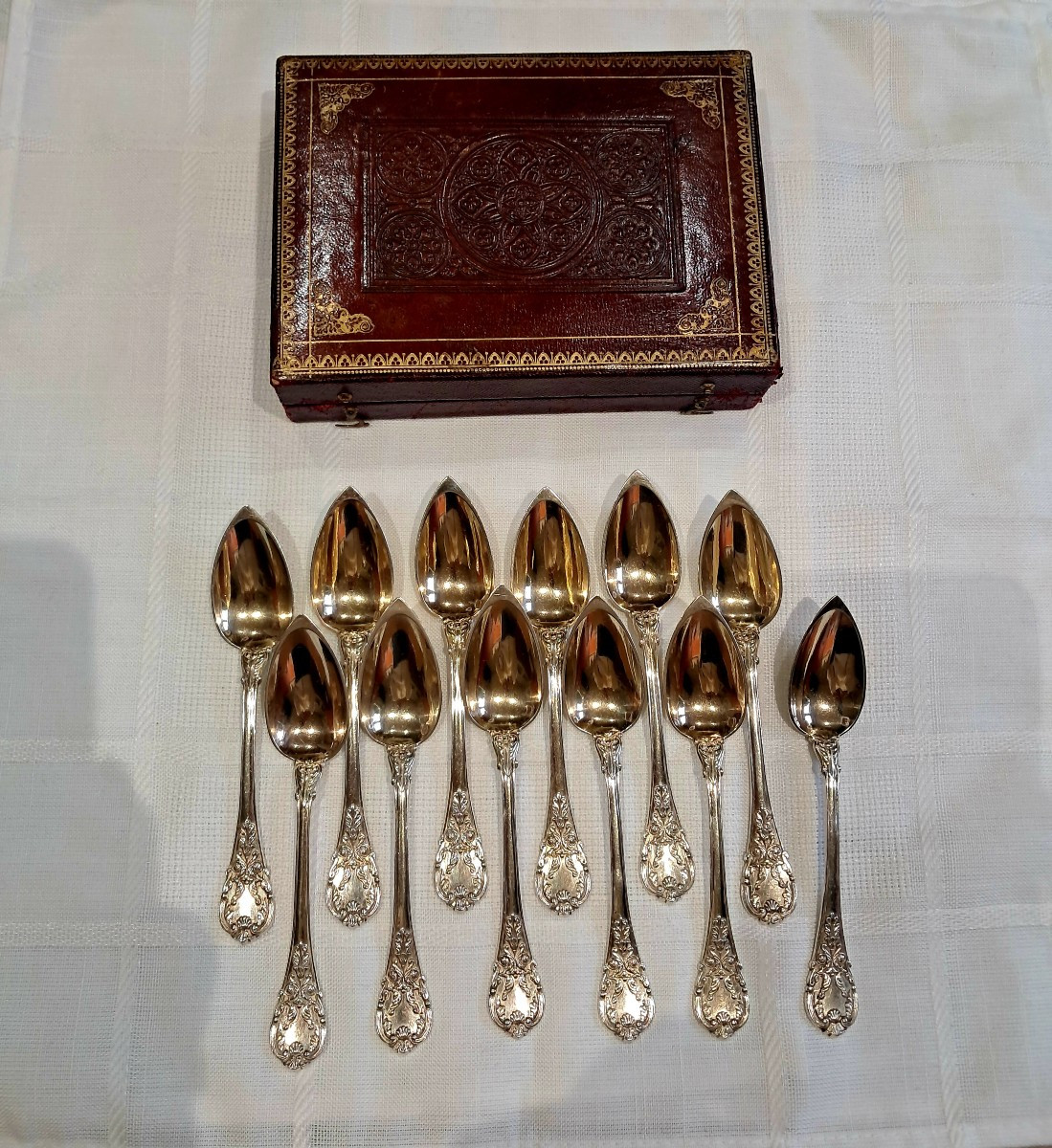 12 cuillères café vermeil 1819-1838  dans leur bel écrin-photo-2