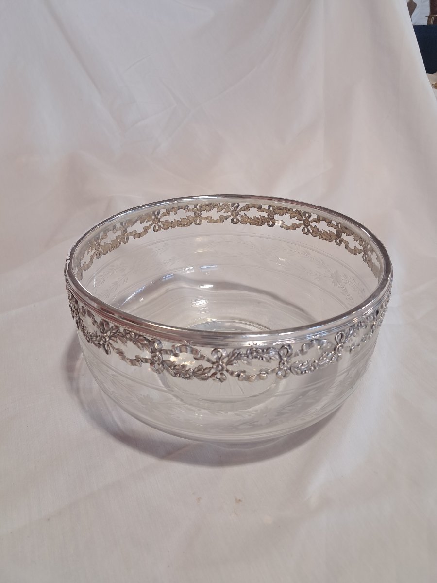 Large Baccarat Crystal Salad Bowl With Solid Silver Trim-photo-2