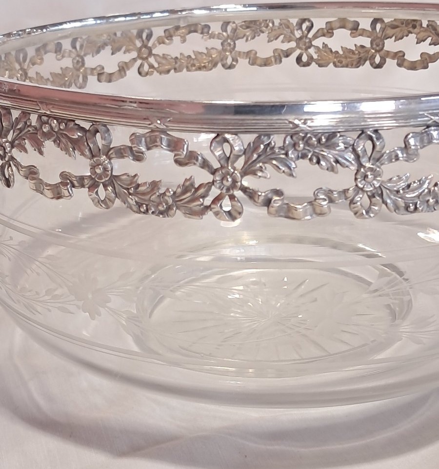 Large Baccarat Crystal Salad Bowl With Solid Silver Trim-photo-3