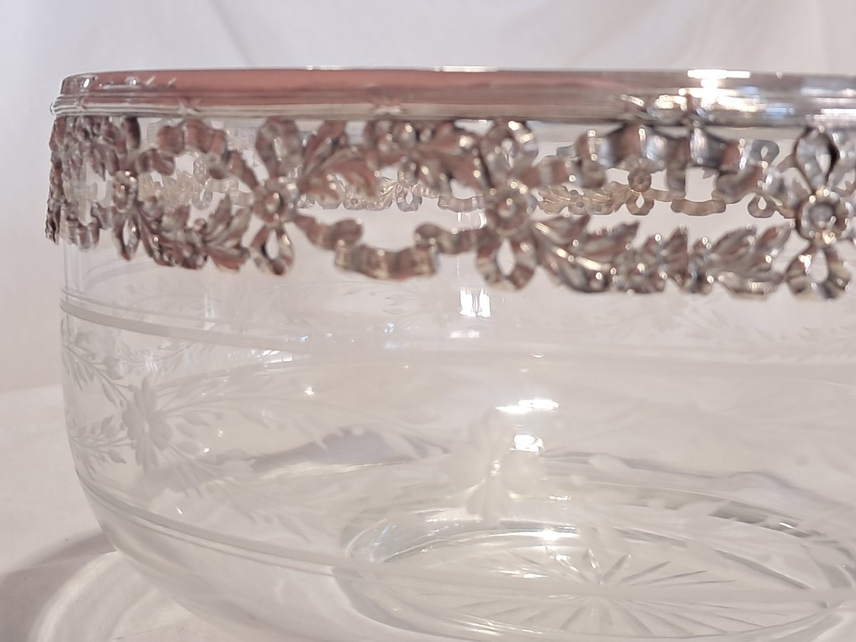 Large Baccarat Crystal Salad Bowl With Solid Silver Trim-photo-1