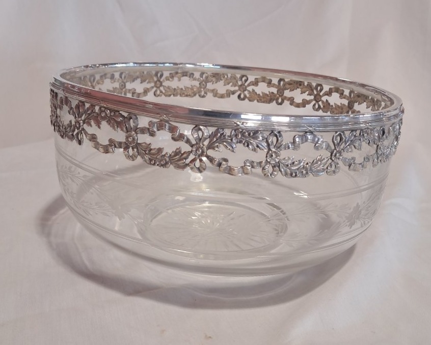 Large Baccarat Crystal Salad Bowl With Solid Silver Trim