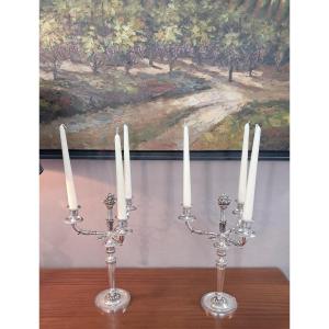Paire De Candelabres 3 Lumières Bronze Argente