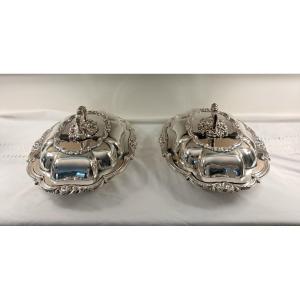 Pair Of Double Silver-plated Metal Vegetable Dishes, 20th Century 