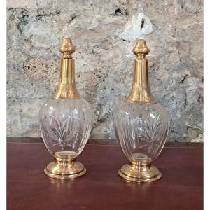 Paire de grandes carafes cristal de Baccarat monture vermeil