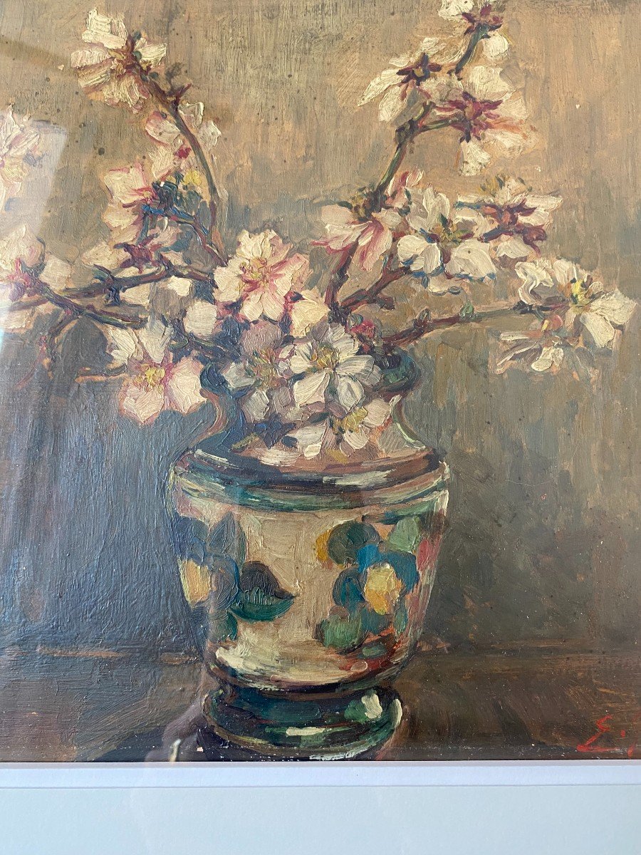 Le Bouquet De  Fleurs De Cerisier. Huile encadré. Etienne Gony. Nature morte fleurs-photo-4