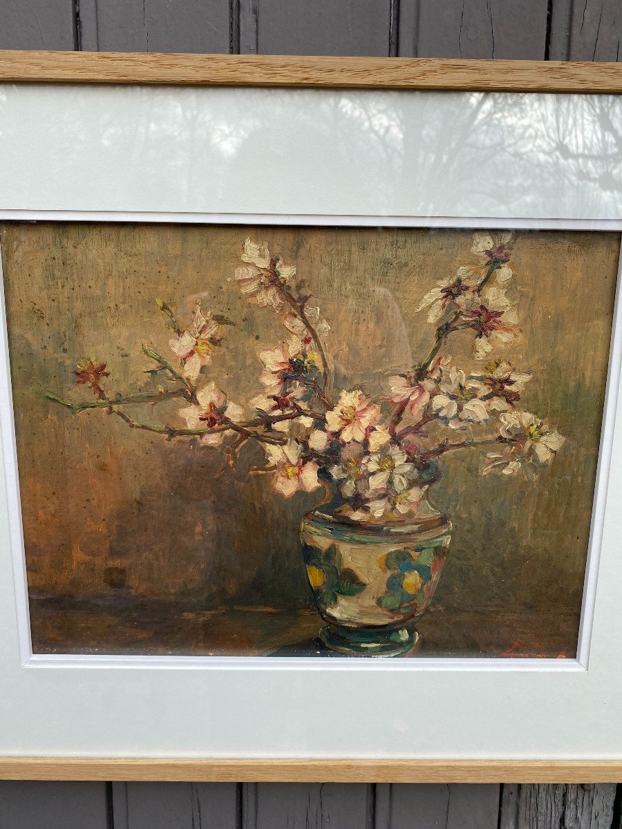 Le Bouquet De  Fleurs De Cerisier. Huile encadré. Etienne Gony. Nature morte fleurs-photo-1