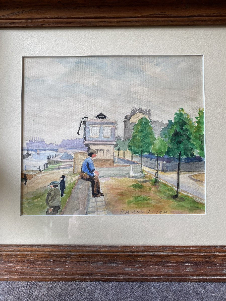The Seine And The Onlookers. Watercolor Paris Seine 1939-photo-3