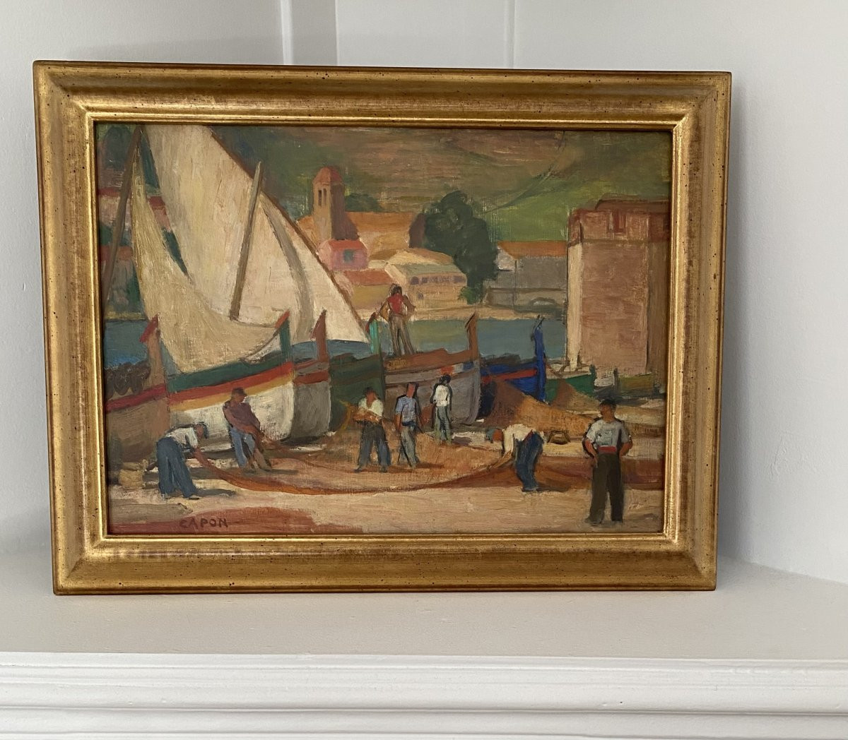 Les pêcheurs sur la plage de Collioure. Huile sur toile. Georges Emile Capon.-photo-2