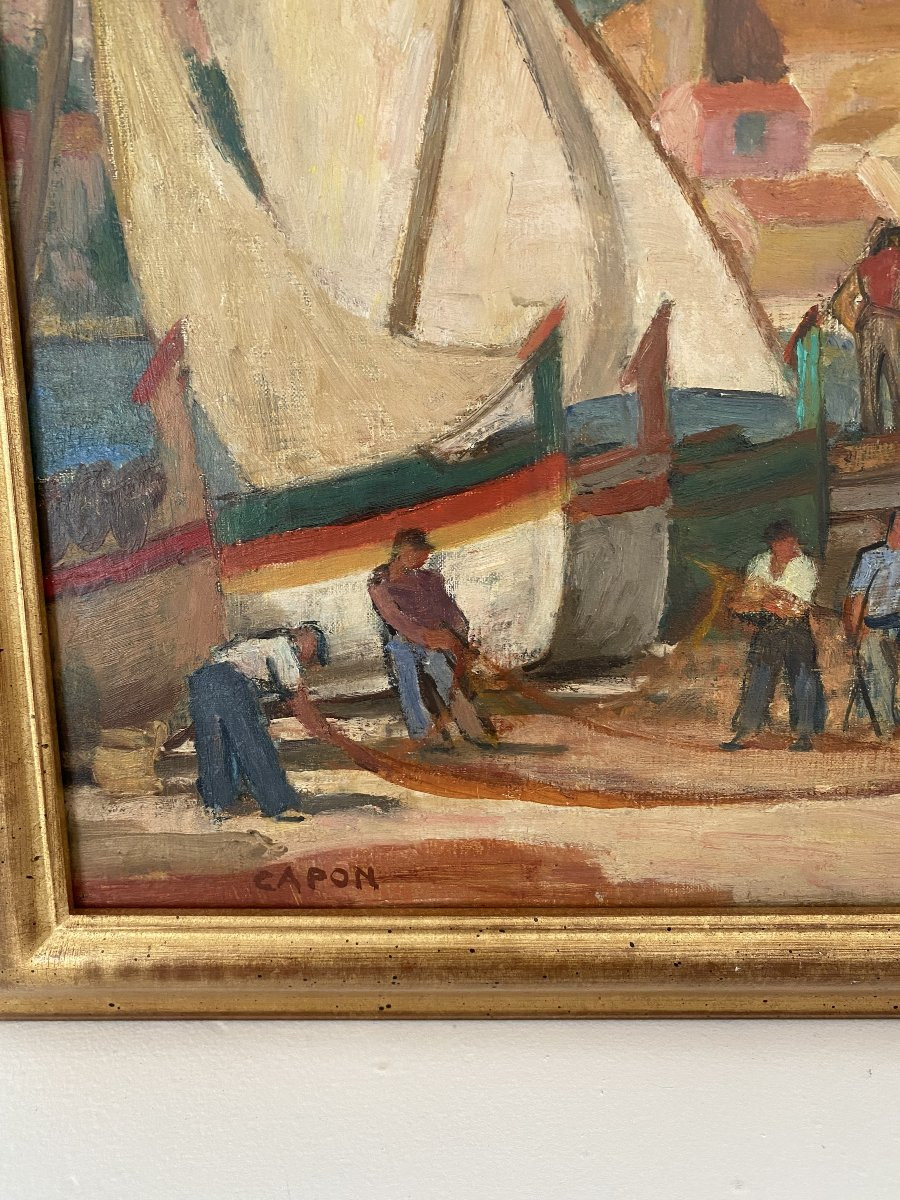 Les pêcheurs sur la plage de Collioure. Huile sur toile. Georges Emile Capon.-photo-3
