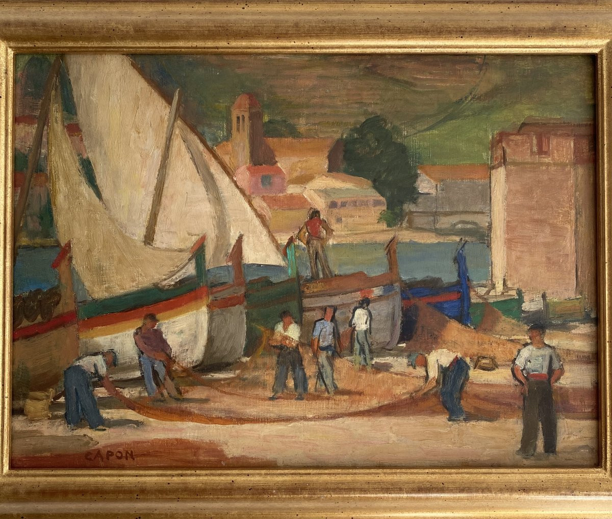 Les pêcheurs sur la plage de Collioure. Huile sur toile. Georges Emile Capon.-photo-4