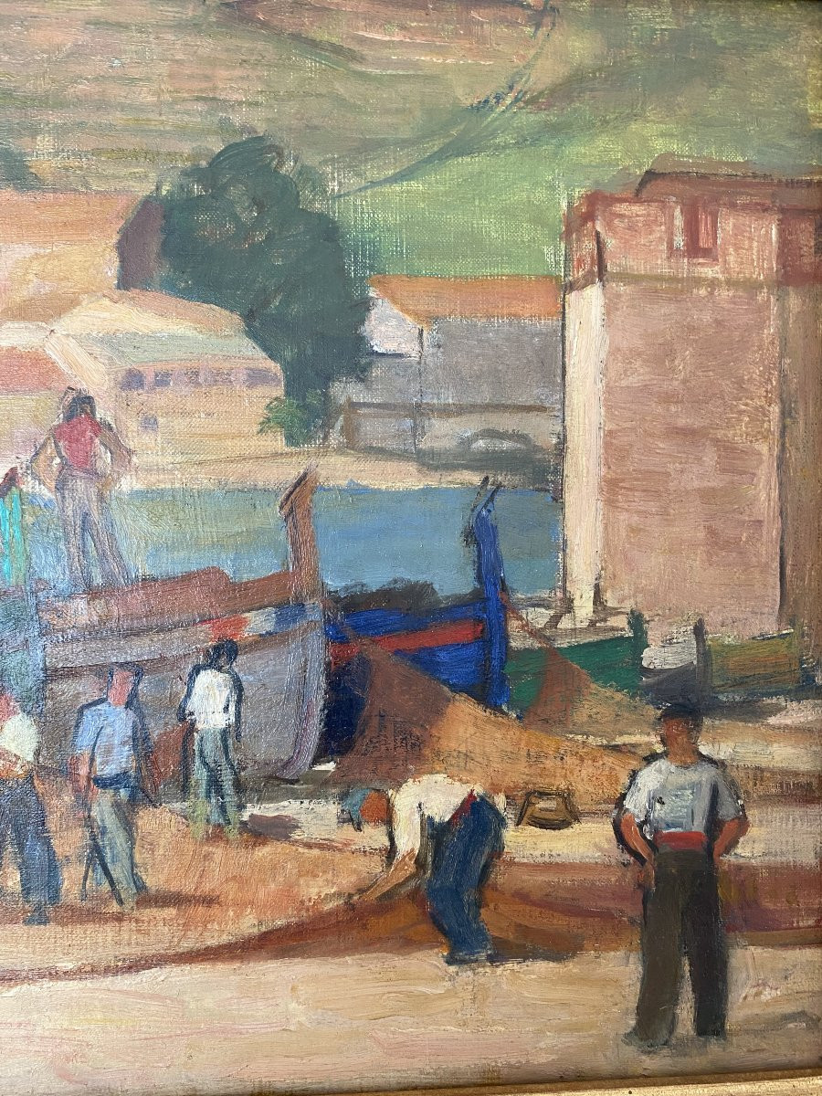 Les pêcheurs sur la plage de Collioure. Huile sur toile. Georges Emile Capon.-photo-1