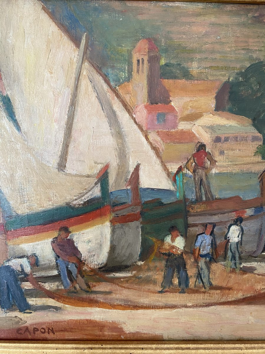 Les pêcheurs sur la plage de Collioure. Huile sur toile. Georges Emile Capon.-photo-3