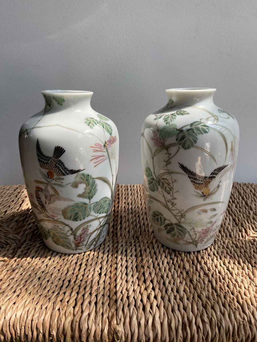 Pair Of Enameled Porcelain Vases From Japan