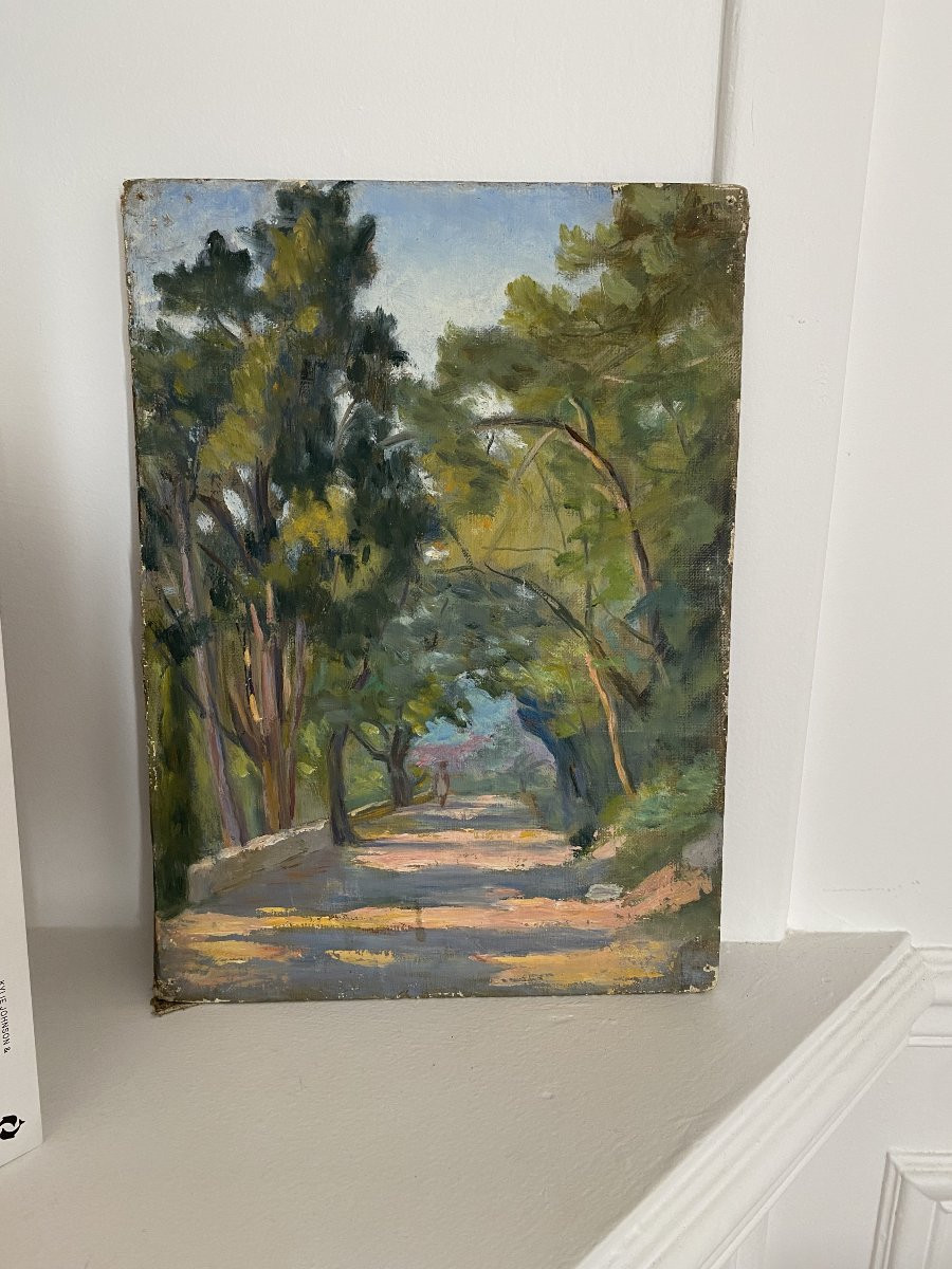 Oil Painting On Cardboard, Early 20th Century, Landscape: "the Alley"-photo-2