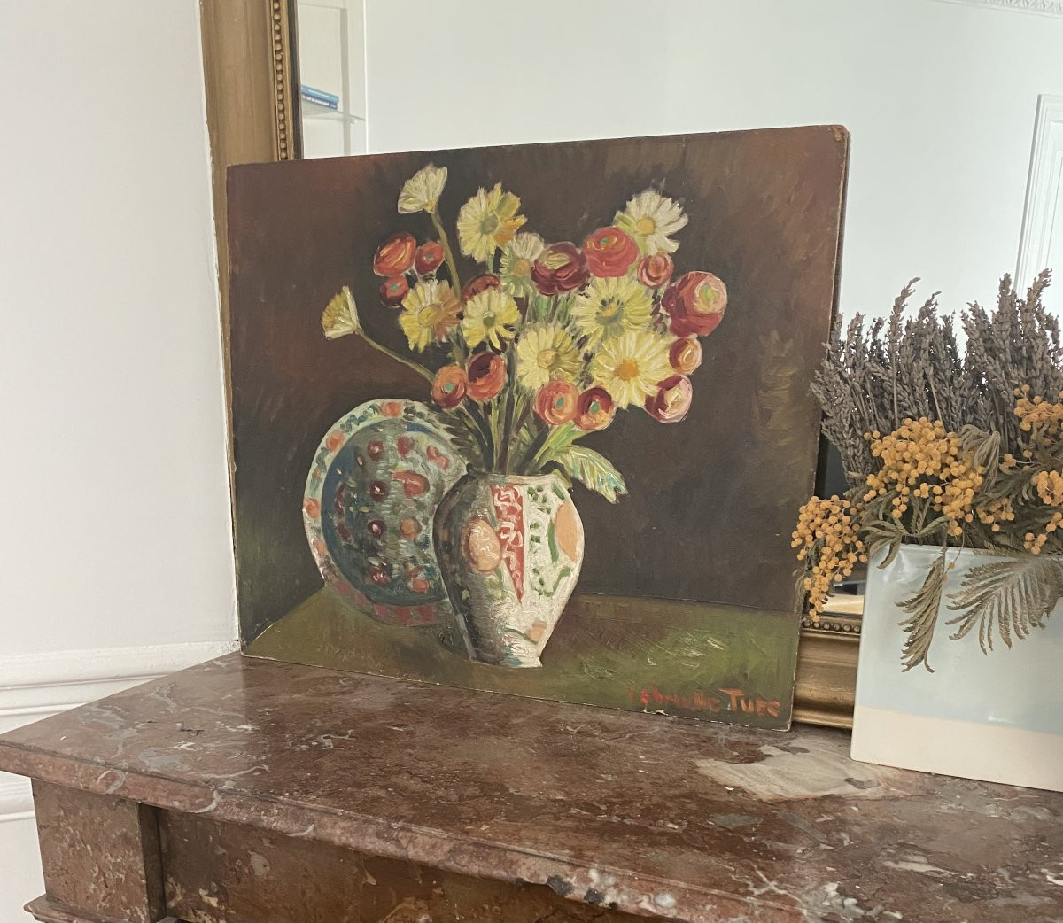 Still Life Of Flowers. Oil On Panel. Early 20th Century.-photo-2