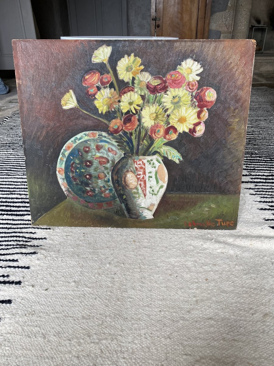 Still Life Of Flowers. Oil On Panel. Early 20th Century.-photo-3