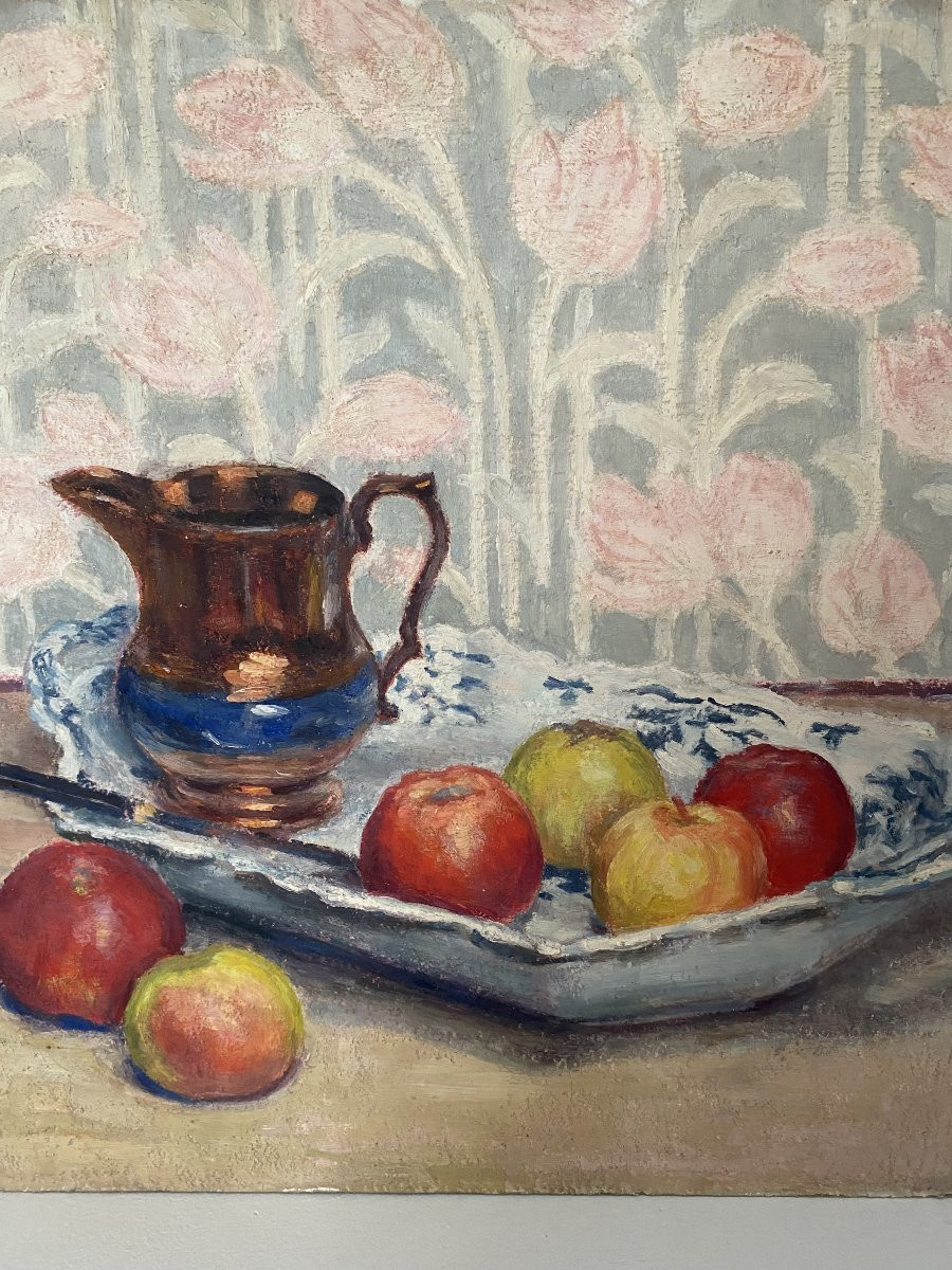 Nature morte aux pommes. Peinture huile sur panneau. 19e siècle.-photo-2