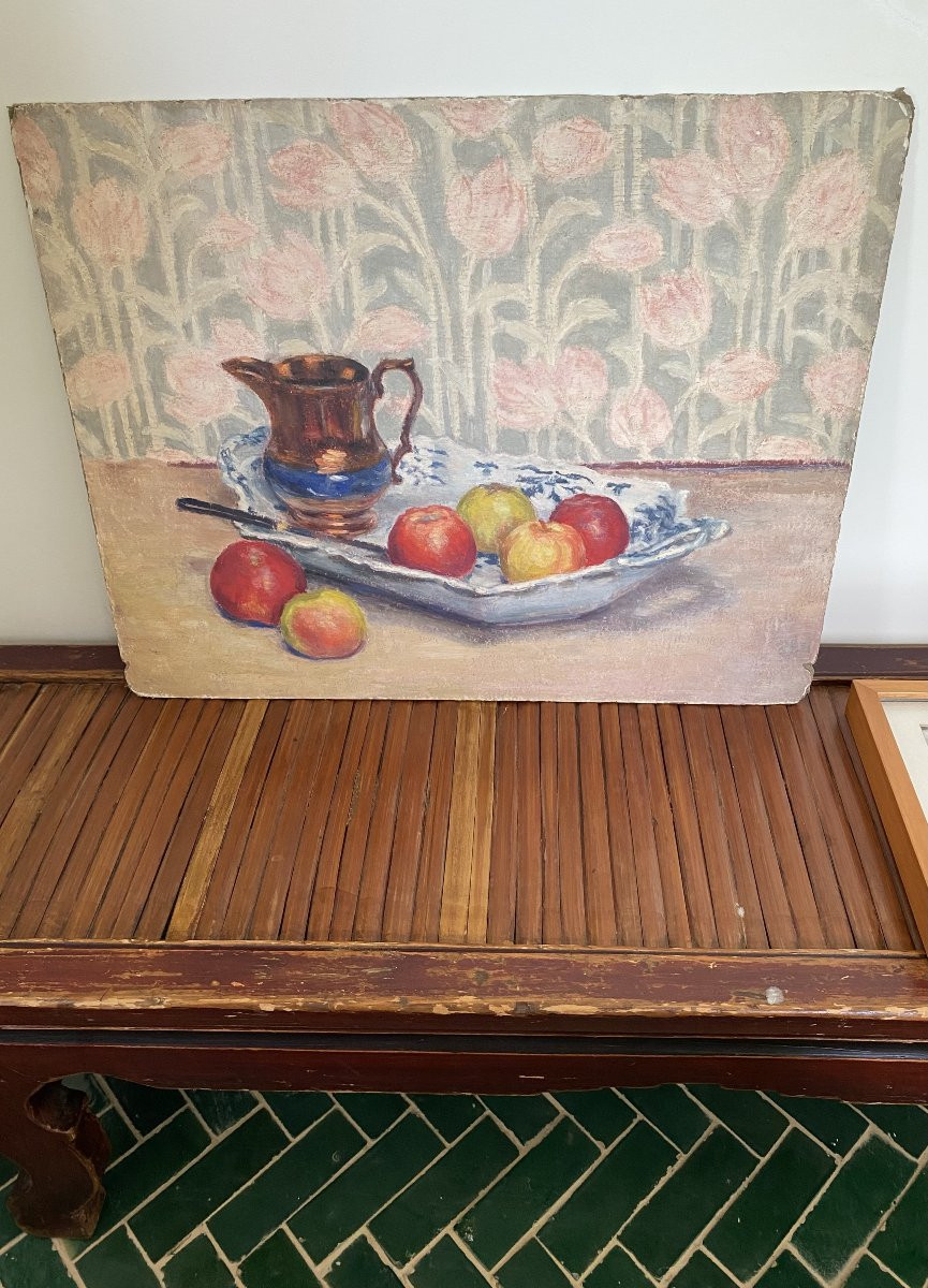 Nature morte aux pommes. Peinture huile sur panneau. 19e siècle.-photo-3