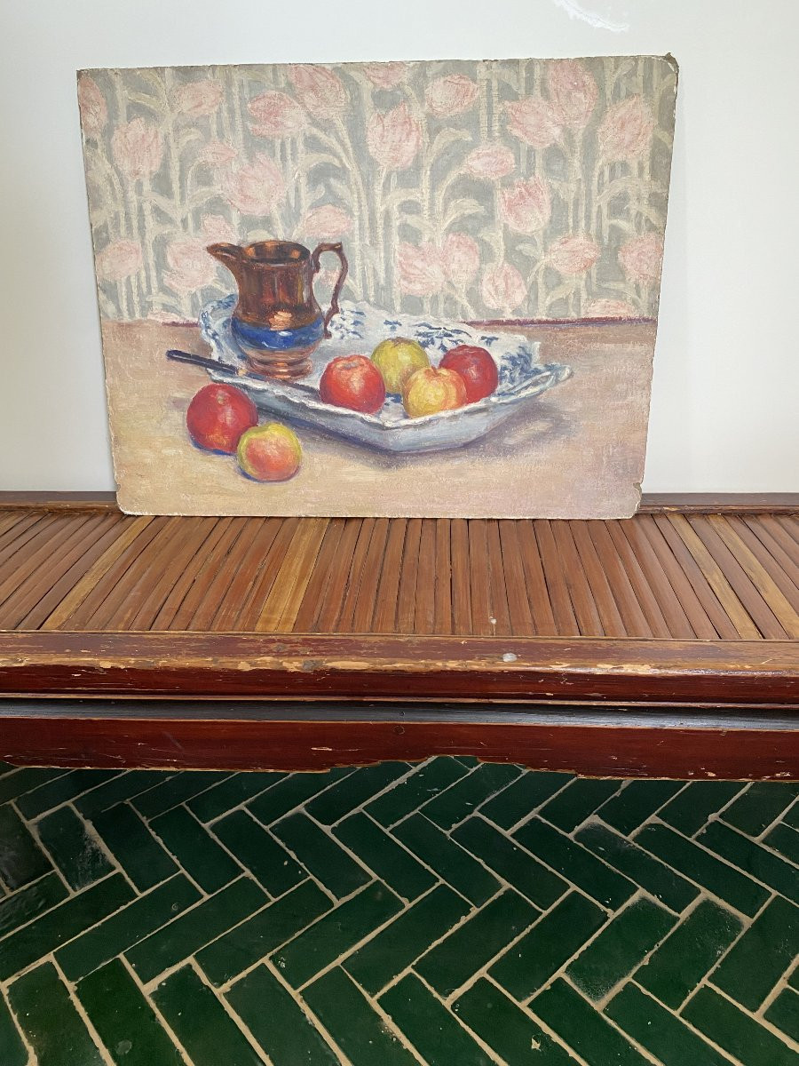 Nature morte aux pommes. Peinture huile sur panneau. 19e siècle.-photo-4