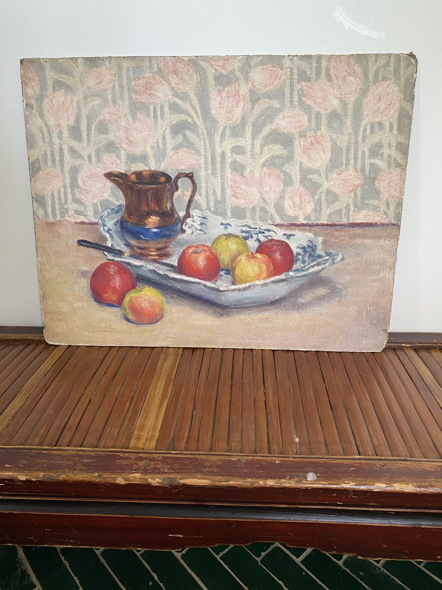 Nature morte aux pommes. Peinture huile sur panneau. 19e siècle.-photo-2