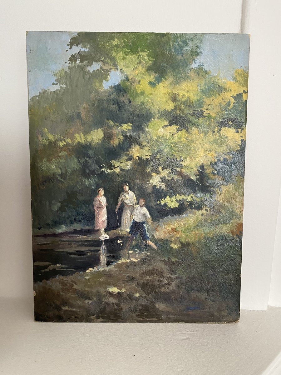 La promenade dans la rivière. Huile sur carton. 19e siècle.-photo-3