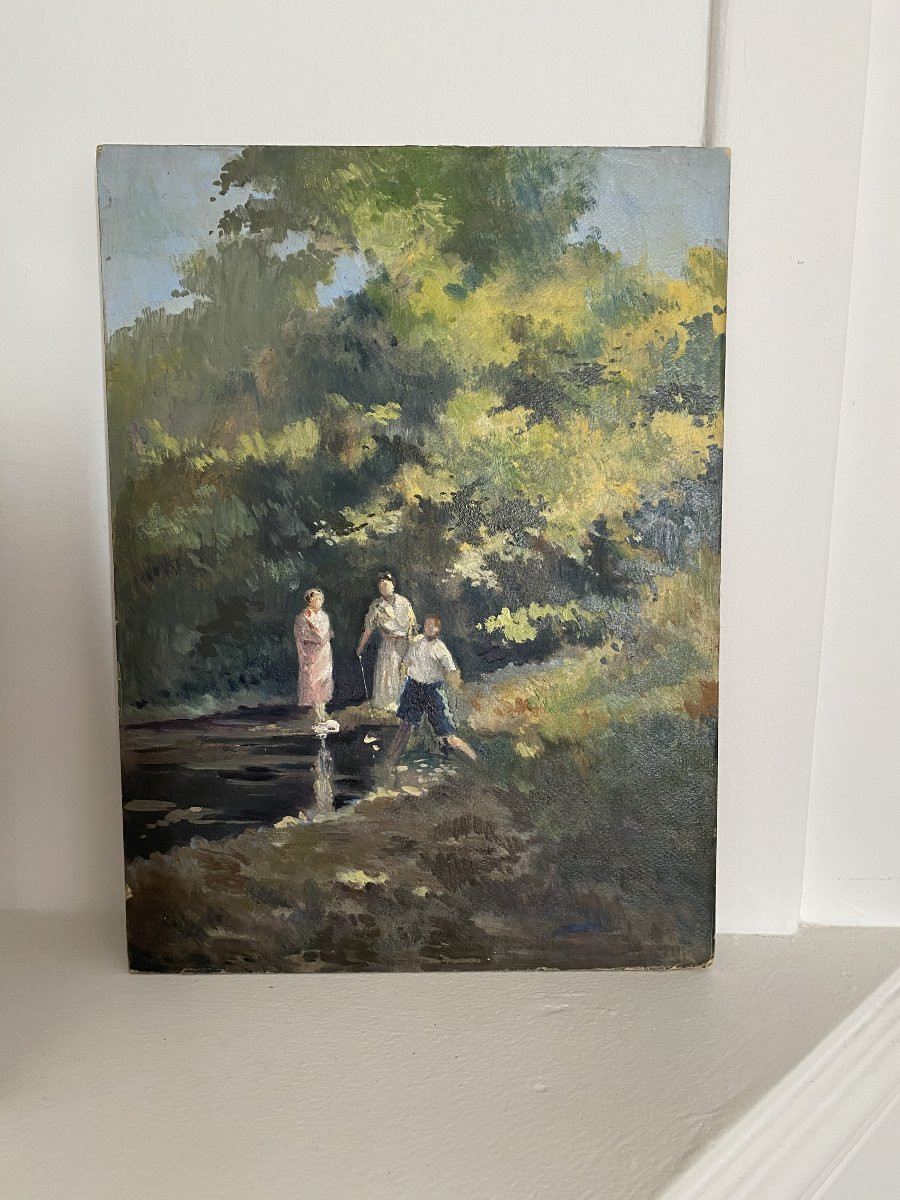 La promenade dans la rivière. Huile sur carton. 19e siècle.-photo-4
