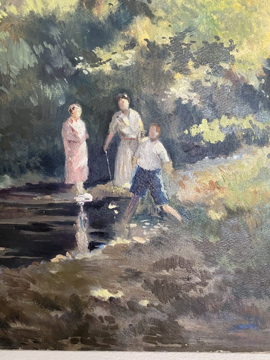 La promenade dans la rivière. Huile sur carton. 19e siècle.