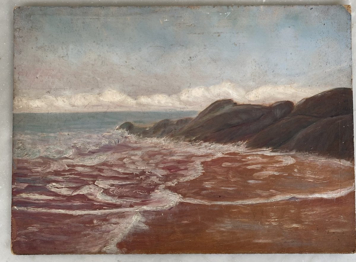 Painting, Oil On Cardboard, The Rough Sea. -photo-3