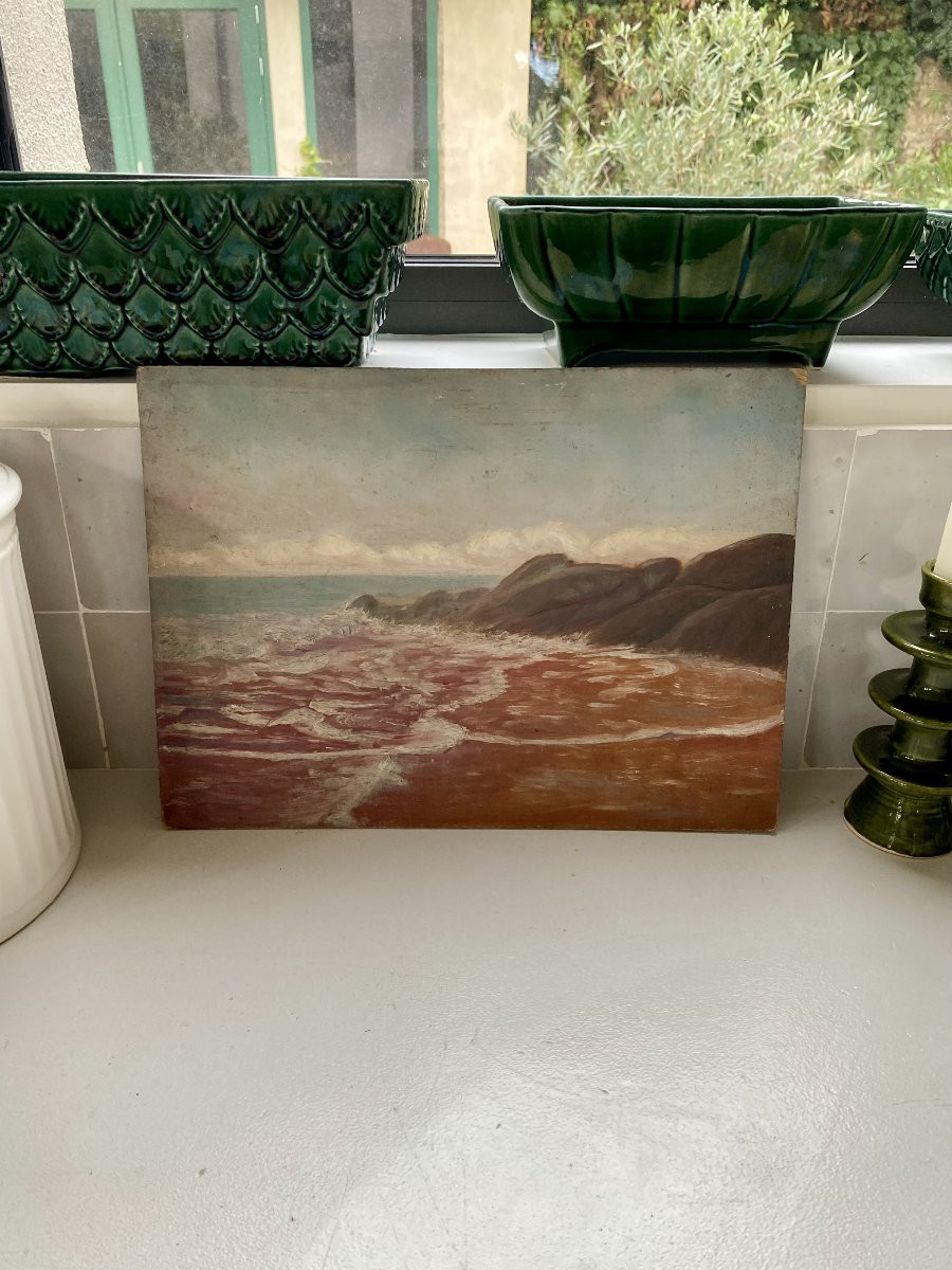 Painting, Oil On Cardboard, The Rough Sea. -photo-4