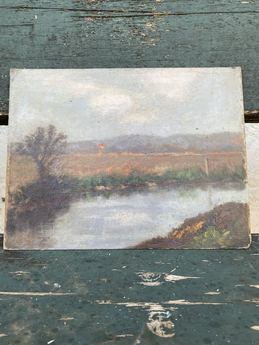 Le bord de la rivière en automne. Huile sur carton. Fin 19 ème siècle, début 20 ème.-photo-3