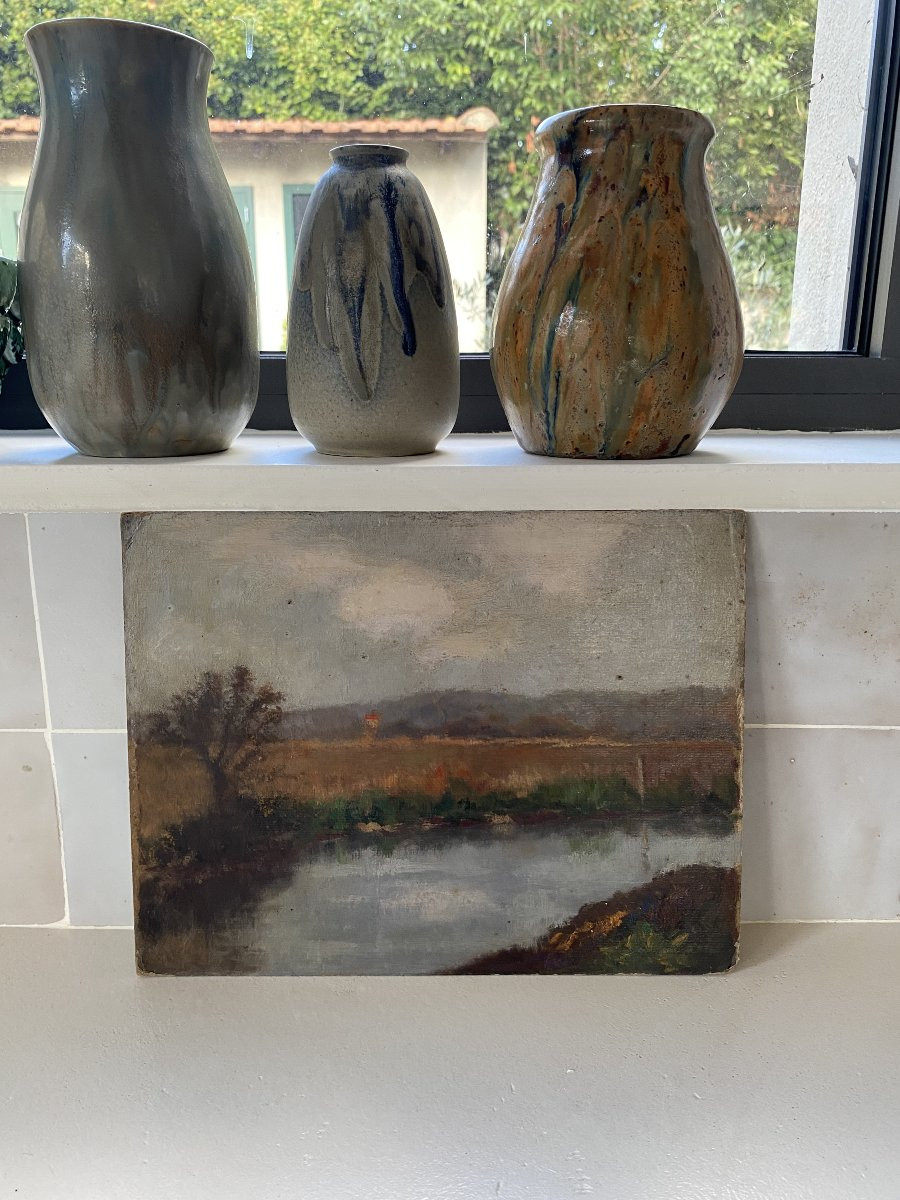 Le bord de la rivière en automne. Huile sur carton. Fin 19 ème siècle, début 20 ème.-photo-4