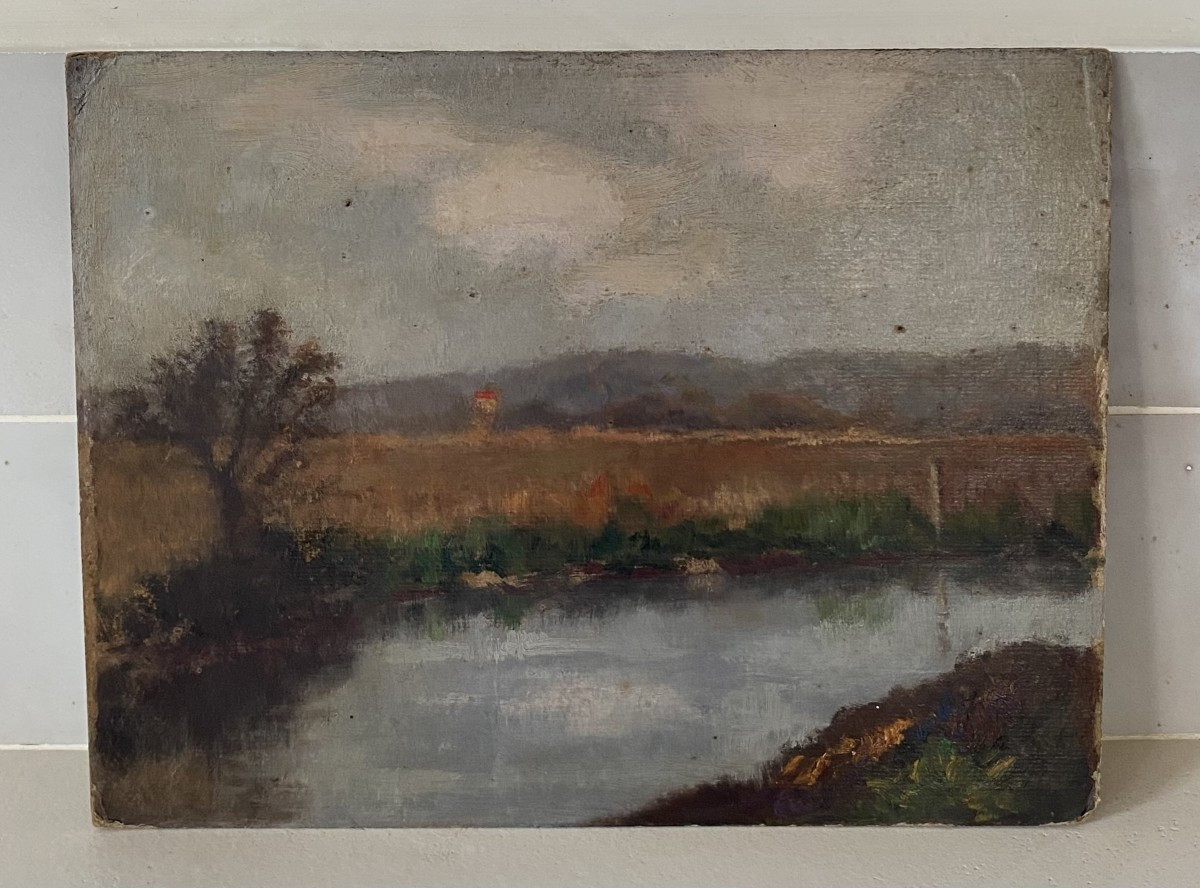 Le bord de la rivière en automne. Huile sur carton. Fin 19 ème siècle, début 20 ème.
