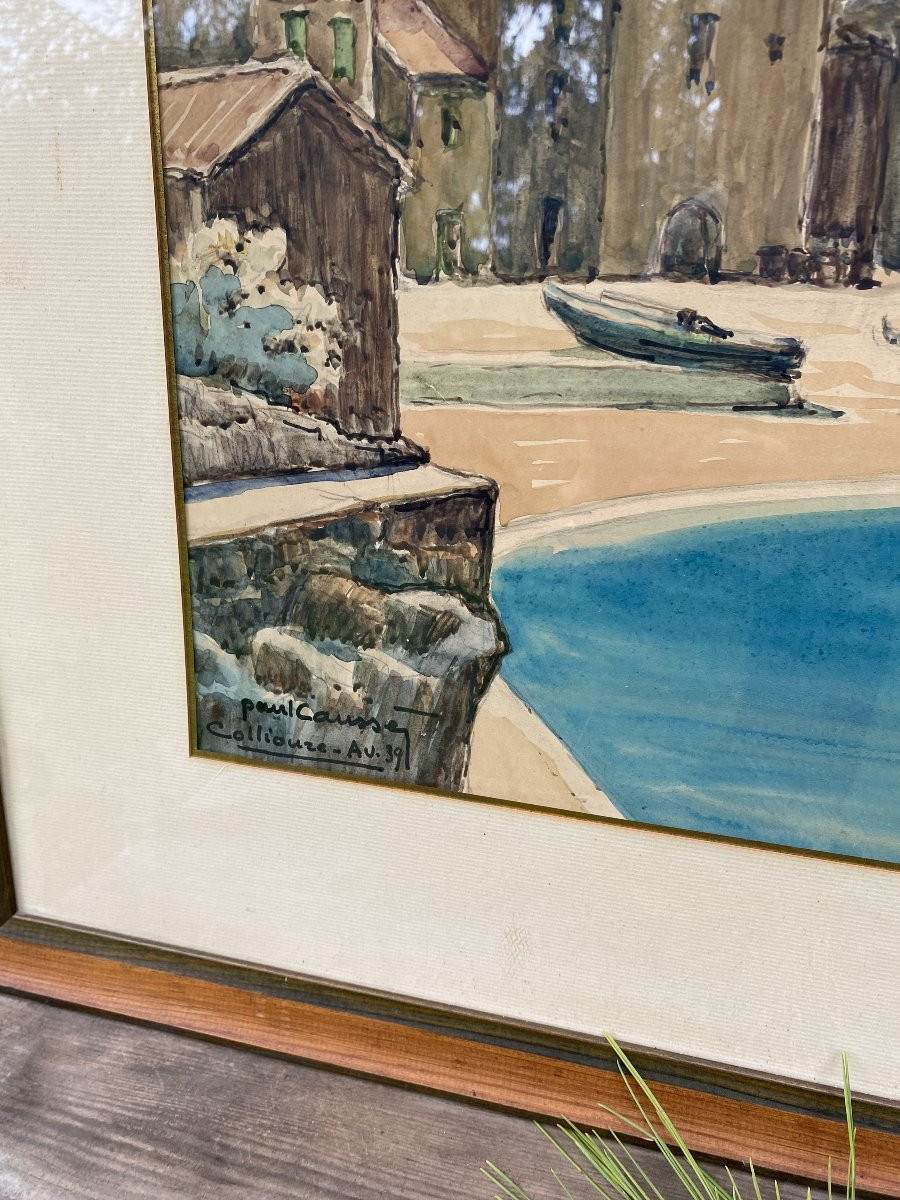 Collioure paul Caussé 1939, aquarelle technique mixte-photo-1