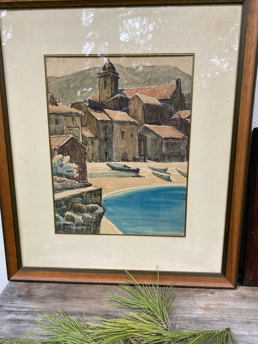 Collioure paul Caussé 1939, aquarelle technique mixte
