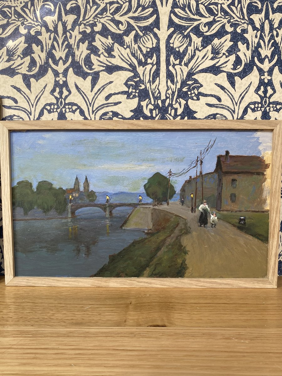 Oil On Cardboard, Framed. 19th-early 20th Century. Evening Walk. The River Under The Bridge.-photo-3