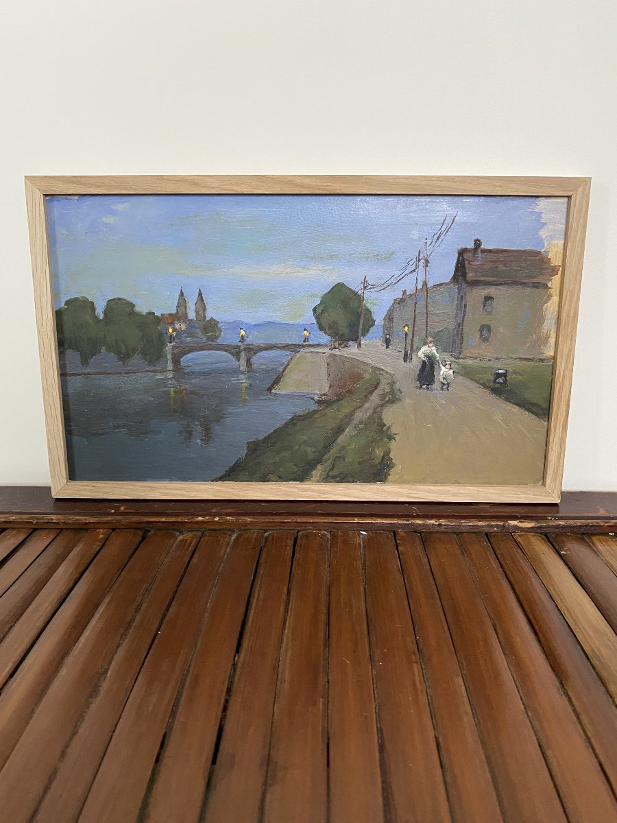 Oil On Cardboard, Framed. 19th-early 20th Century. Evening Walk. The River Under The Bridge.-photo-1